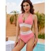 imageBlooming Jelly Women High Waisted Bikini Sets Tummy Control Swimsuits Color Block Two Piece Drawstring Bathing SuitCoral Pink