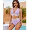 imageBlooming Jelly Women High Waisted Bikini Sets Tummy Control Swimsuits Color Block Two Piece Drawstring Bathing SuitLight Purple