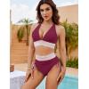imageBlooming Jelly Women High Waisted Bikini Sets Tummy Control Swimsuits Color Block Two Piece Drawstring Bathing SuitPurplish Red