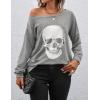 imageBlooming Jelly Womens Halloween Sweatshirts Skull Graphic T Shirts Long Sleeve Pullover Tops Gothic Fall Clothes 2024Greyone Shoulder