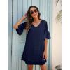 imageBlooming Jelly Womens White Dresses Short Sleeve V Neck Ruffle Cute Sun Dress Chiffon Flowy Shift Mini DressDark Blue