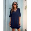 imageBlooming Jelly Womens White Dresses Short Sleeve V Neck Ruffle Cute Sun Dress Chiffon Flowy Shift Mini DressDark Blue
