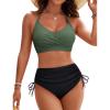 imageBlooming Jelly Womens High Waisted Bikini Sets Drawstring Tummy Control Swimsuits Crisscross Tie Back Bathing SuitBlack Green