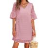 imageBlooming Jelly Womens White Dresses Short Sleeve V Neck Ruffle Cute Sun Dress Chiffon Flowy Shift Mini DressLight Pink