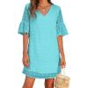 imageBlooming Jelly Womens White Dresses Short Sleeve V Neck Ruffle Cute Sun Dress Chiffon Flowy Shift Mini DressTurquoise