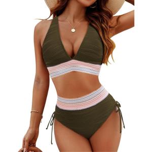 imageBlooming Jelly Women High Waisted Bikini Sets Tummy Control Swimsuits Color Block Two Piece Drawstring Bathing SuitArmy Greentextured