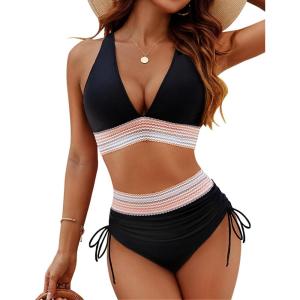 imageBlooming Jelly Women High Waisted Bikini Sets Tummy Control Swimsuits Color Block Two Piece Drawstring Bathing SuitBlack
