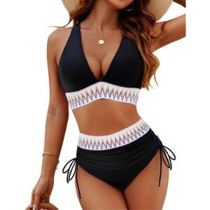 imageBlooming Jelly Women High Waisted Bikini Sets Tummy Control Swimsuits Color Block Two Piece Drawstring Bathing SuitBlack New