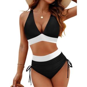 imageBlooming Jelly Women High Waisted Bikini Sets Tummy Control Swimsuits Color Block Two Piece Drawstring Bathing SuitBlack062