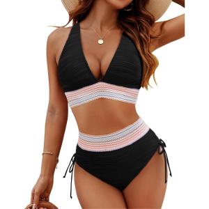 imageBlooming Jelly Women High Waisted Bikini Sets Tummy Control Swimsuits Color Block Two Piece Drawstring Bathing SuitBlacktextured