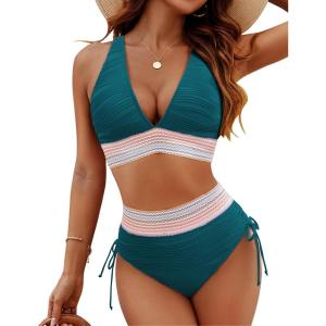 imageBlooming Jelly Women High Waisted Bikini Sets Tummy Control Swimsuits Color Block Two Piece Drawstring Bathing SuitBlue Greentextured