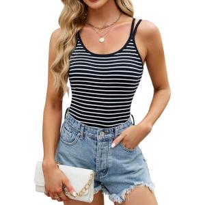 imageBlooming Jelly Women Ribbed Tank Tops with Built in Shelf Bras Sleeveless Camisole Tops Summer Cami 2025Black Striped