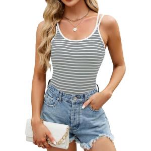 imageBlooming Jelly Women Ribbed Tank Tops with Built in Shelf Bras Sleeveless Camisole Tops Summer Cami 2025Grey Striped