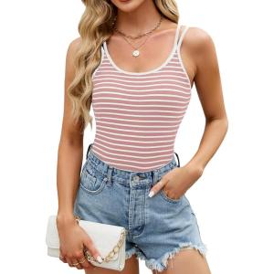 imageBlooming Jelly Women Ribbed Tank Tops with Built in Shelf Bras Sleeveless Camisole Tops Summer Cami 2025Pink2 Striped