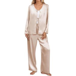 imageBlooming Jelly Women Silk Pajamas Set 2 Piece Satin PJ Sets Long Sleeve with Tie Lounge SleepwearApricot