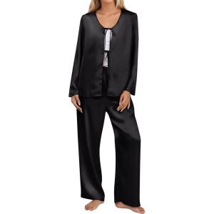 imageBlooming Jelly Women Silk Pajamas Set 2 Piece Satin PJ Sets Long Sleeve with Tie Lounge SleepwearBlack