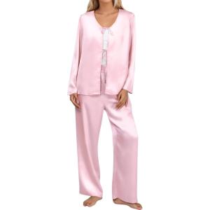 imageBlooming Jelly Women Silk Pajamas Set 2 Piece Satin PJ Sets Long Sleeve with Tie Lounge SleepwearPink