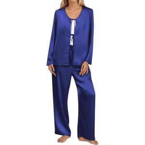 imageBlooming Jelly Women Silk Pajamas Set 2 Piece Satin PJ Sets Long Sleeve with Tie Lounge SleepwearXLarge Deep Blue