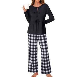imageBlooming Jelly Womens 2 Piece Pajama Sets Bow Knot Lounge Sets Outfits Soft Pj Sets Pockets Plaid Pants and Peplum topBlack