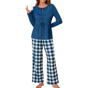 imageBlooming Jelly Womens 2 Piece Pajama Sets Bow Knot Lounge Sets Outfits Soft Pj Sets Pockets Plaid Pants and Peplum topDark Blue