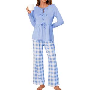 imageBlooming Jelly Womens 2 Piece Pajama Sets Bow Knot Lounge Sets Outfits Soft Pj Sets Pockets Plaid Pants and Peplum topLight Blue