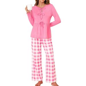 imageBlooming Jelly Womens 2 Piece Pajama Sets Bow Knot Lounge Sets Outfits Soft Pj Sets Pockets Plaid Pants and Peplum topPink