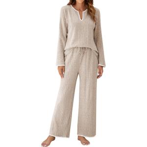 imageBlooming Jelly Womens 2 Piece Pajama Sets Fall Ribbed Color Block Lounge Set Fleece Long Sleeve Pj Sleepwear PocketsApricot