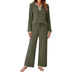 imageBlooming Jelly Womens 2 Piece Pajama Sets Fall Ribbed Color Block Lounge Set Fleece Long Sleeve Pj Sleepwear PocketsArmy Green