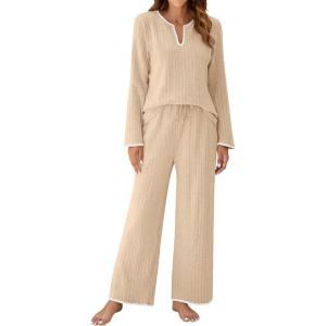 imageBlooming Jelly Womens 2 Piece Pajama Sets Fall Ribbed Color Block Lounge Set Fleece Long Sleeve Pj Sleepwear PocketsBeige