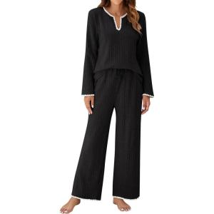 imageBlooming Jelly Womens 2 Piece Pajama Sets Fall Ribbed Color Block Lounge Set Fleece Long Sleeve Pj Sleepwear PocketsBlack