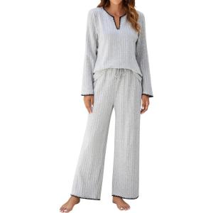 imageBlooming Jelly Womens 2 Piece Pajama Sets Fall Ribbed Color Block Lounge Set Fleece Long Sleeve Pj Sleepwear PocketsGrey