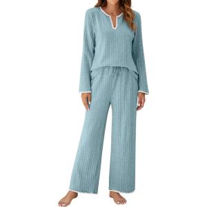 imageBlooming Jelly Womens 2 Piece Pajama Sets Fall Ribbed Color Block Lounge Set Fleece Long Sleeve Pj Sleepwear PocketsLight Blue