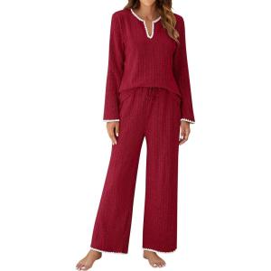 imageBlooming Jelly Womens 2 Piece Pajama Sets Fall Ribbed Color Block Lounge Set Fleece Long Sleeve Pj Sleepwear PocketsRed
