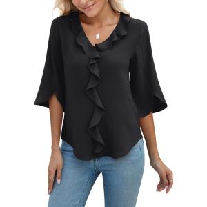 imageBlooming Jelly Womens 34 Length Sleeve Tops Dressy Casual Business Blouses Ruffle V Neck Summer Work ShirtsBlack