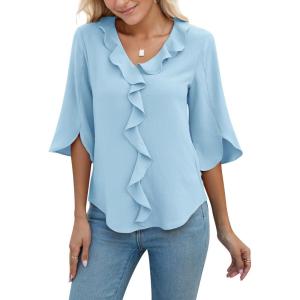 imageBlooming Jelly Womens 34 Length Sleeve Tops Dressy Casual Business Blouses Ruffle V Neck Summer Work ShirtsBlue