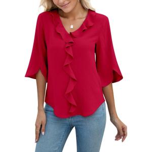 imageBlooming Jelly Womens 34 Length Sleeve Tops Dressy Casual Business Blouses Ruffle V Neck Summer Work ShirtsRed