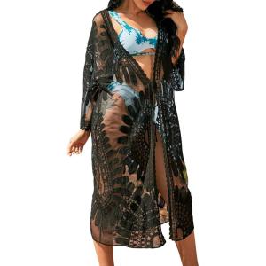 imageBlooming Jelly Womens Bathing Suit Cover Up 34 Sleeve Mesh Swimsuit Coverup Long Floral Beach Lace Kimono Summer CardiganBlack