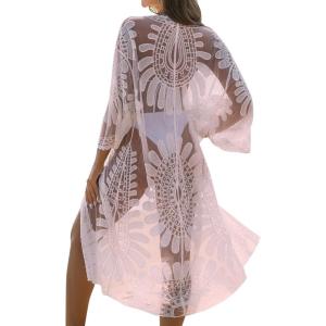 imageBlooming Jelly Womens Bathing Suit Cover Up 34 Sleeve Mesh Swimsuit Coverup Long Floral Beach Lace Kimono Summer CardiganPink