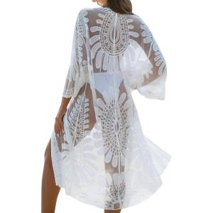 imageBlooming Jelly Womens Bathing Suit Cover Up 34 Sleeve Mesh Swimsuit Coverup Long Floral Beach Lace Kimono Summer CardiganWhite