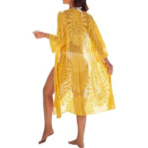 imageBlooming Jelly Womens Bathing Suit Cover Up 34 Sleeve Mesh Swimsuit Coverup Long Floral Beach Lace Kimono Summer CardiganYellow