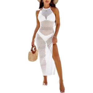 imageBlooming Jelly Womens Bathing Suit Cover Up Crochet Swimsuit Coverup Hollow Out Bikini Sleeveless Long Beach DressWhite