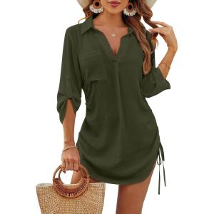 imageBlooming Jelly Womens Bathing Suit Cover Ups Bikini Swimsuit Coverup Drawstring Beach Dress ShirtArmy Green