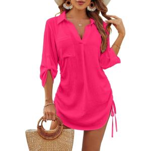 imageBlooming Jelly Womens Bathing Suit Cover Ups Bikini Swimsuit Coverup Drawstring Beach Dress ShirtRose Red