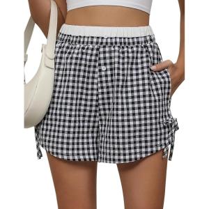 imageBlooming Jelly Womens Boxer Shorts Gingham Pajama Summer Casual High Waisted Shorts Plaid Lounge Sleep Y2k Beach BottomsBlack White Plaid