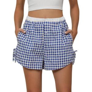 imageBlooming Jelly Womens Boxer Shorts Gingham Pajama Summer Casual High Waisted Shorts Plaid Lounge Sleep Y2k Beach BottomsBlue Plaid