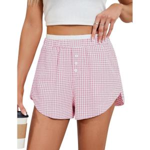 imageBlooming Jelly Womens Boxer Shorts Pajama Pj High Waisted Gingham Summer Lounge Sleep Bottoms Beach Outfits 2025Pink White Plaid
