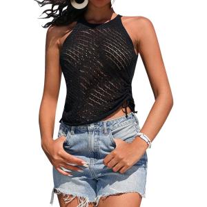 imageBlooming Jelly Womens Crochet Tank Tops High Neck Sleeveless See Through Knit Y2k Tops Sexy Ladies Summer 2024 Beach ShirtsBlack