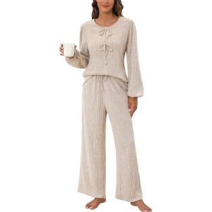 imageBlooming Jelly Womens Cute 2 Piece Pajama Sets Ribbed Bow Tie Lounge Set Fleece Long Puff Sleeve Pj Sleepwear PocketsApricot