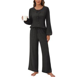 imageBlooming Jelly Womens Cute 2 Piece Pajama Sets Ribbed Bow Tie Lounge Set Fleece Long Puff Sleeve Pj Sleepwear PocketsBlack