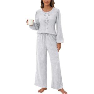 imageBlooming Jelly Womens Cute 2 Piece Pajama Sets Ribbed Bow Tie Lounge Set Fleece Long Puff Sleeve Pj Sleepwear PocketsGrey